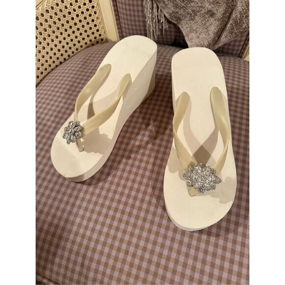 White Wedge Flip Flops with Rhinestone Embellishment - Picture 1 of 6